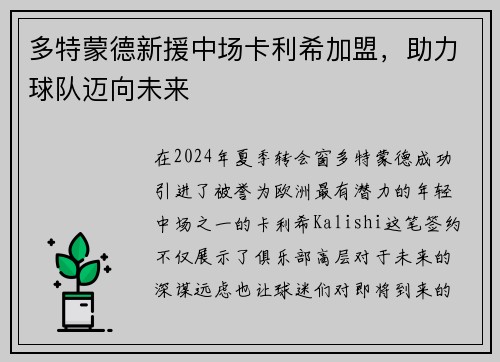 多特蒙德新援中场卡利希加盟，助力球队迈向未来