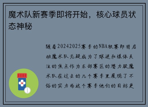 魔术队新赛季即将开始，核心球员状态神秘